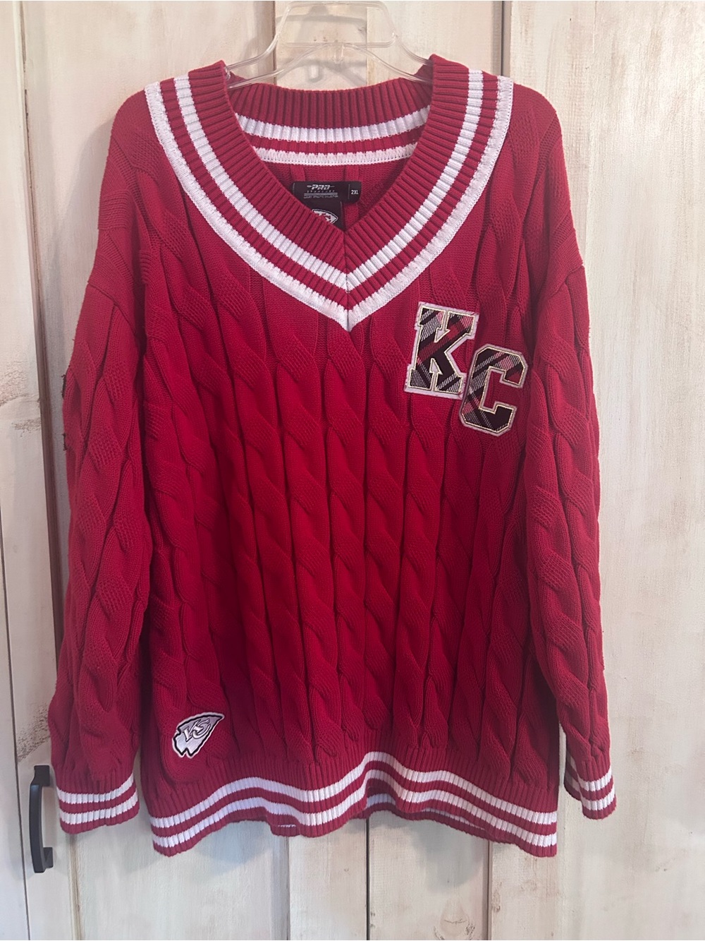 KC Chiefs Cable Knit Varsity V-Neck Sweater in Red with Striped Trim